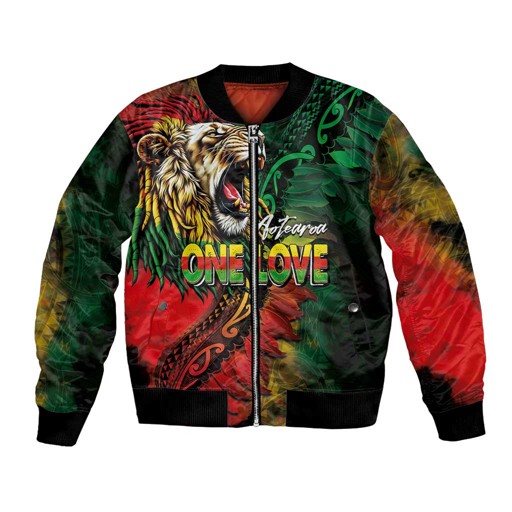 Aotearoa One Love Bomber Jacket Reggae Lion with Kakahu Huruhuru