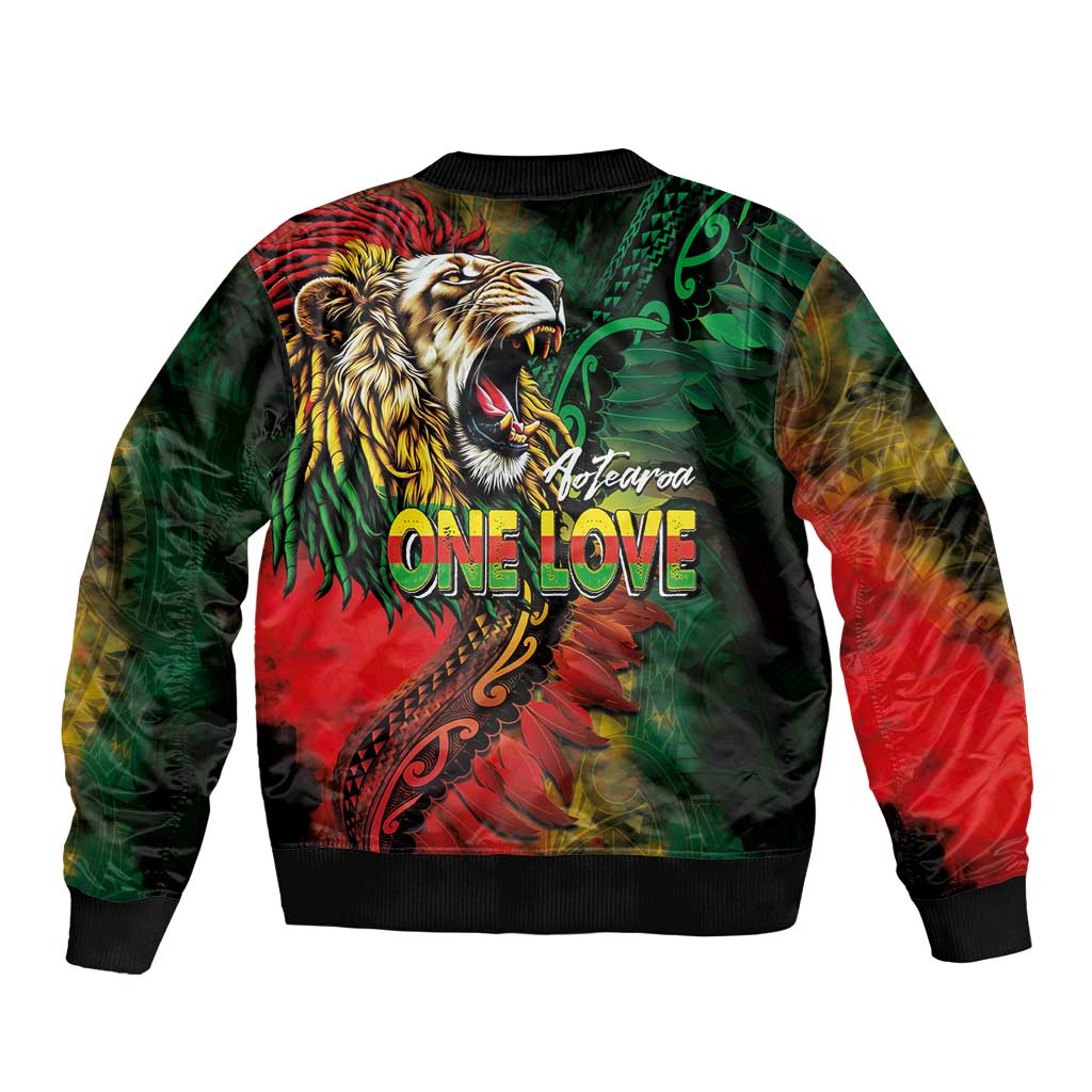 Aotearoa One Love Bomber Jacket Reggae Lion with Kakahu Huruhuru