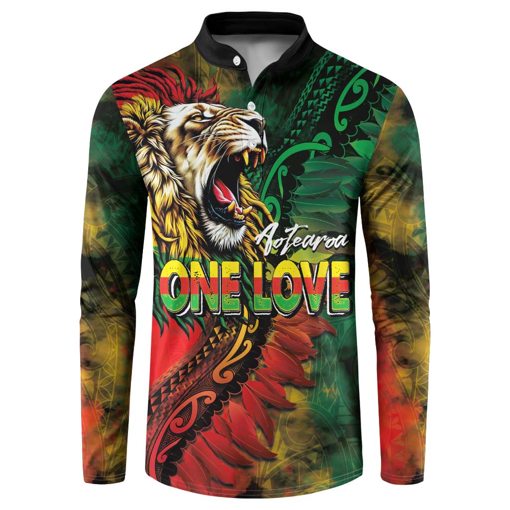 Aotearoa One Love Button Sweatshirt Reggae Lion with Kakahu Huruhuru