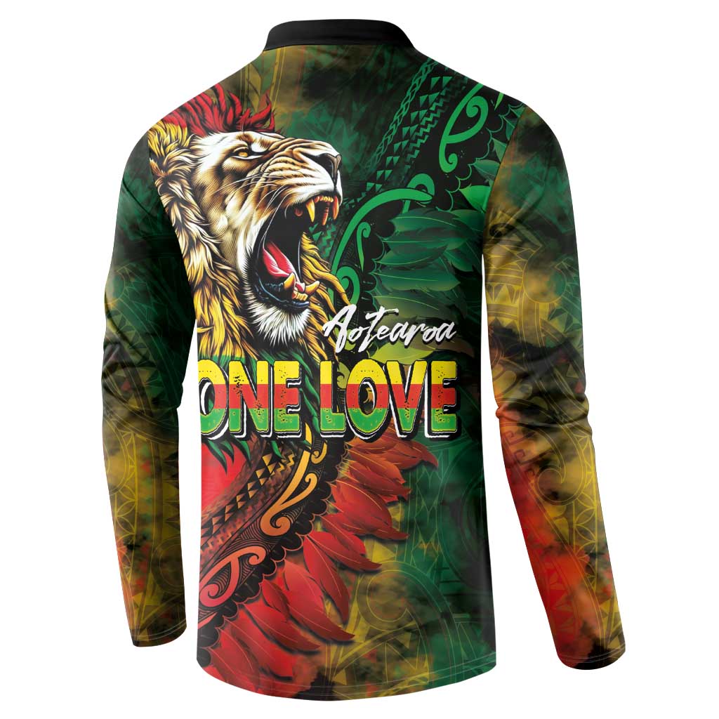 Aotearoa One Love Button Sweatshirt Reggae Lion with Kakahu Huruhuru