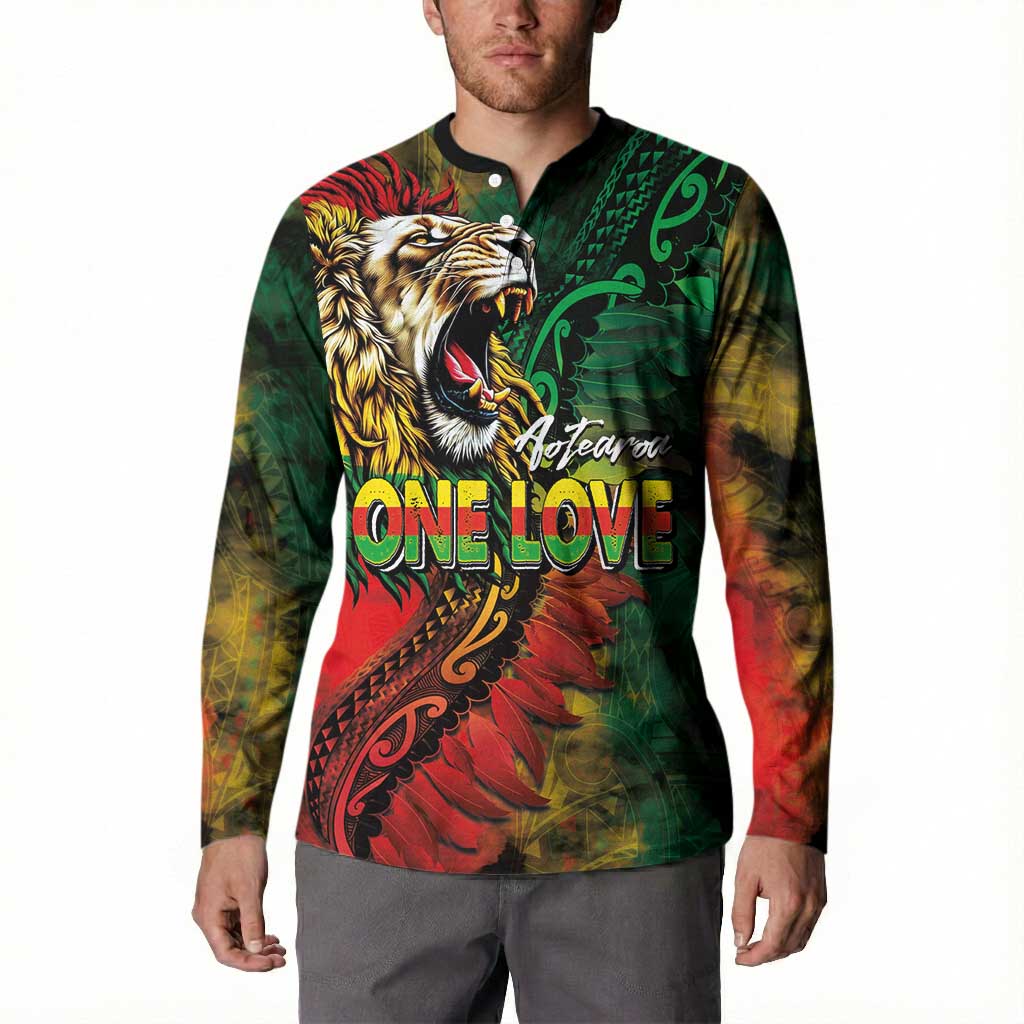 Aotearoa One Love Button Sweatshirt Reggae Lion with Kakahu Huruhuru