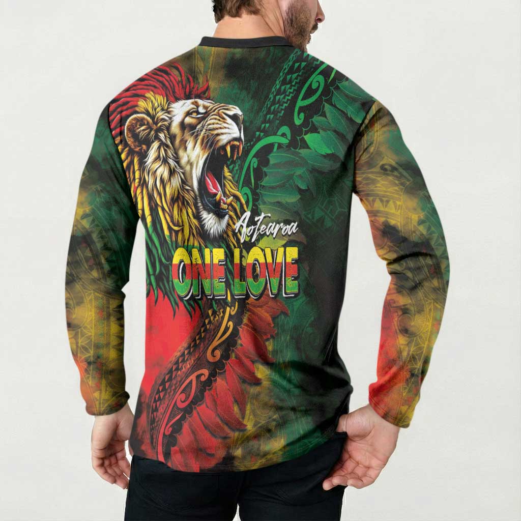 Aotearoa One Love Button Sweatshirt Reggae Lion with Kakahu Huruhuru