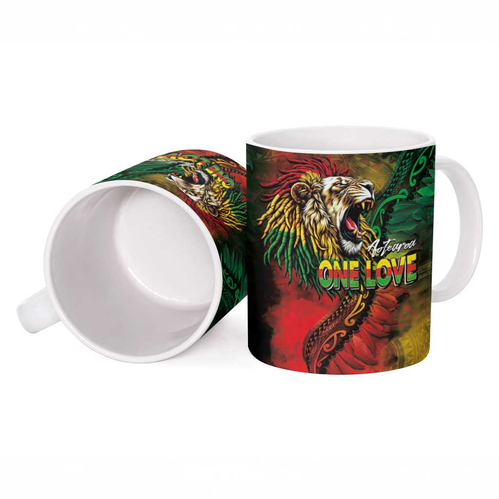 Aotearoa One Love Ceramic Mug Reggae Lion with Kakahu Huruhuru