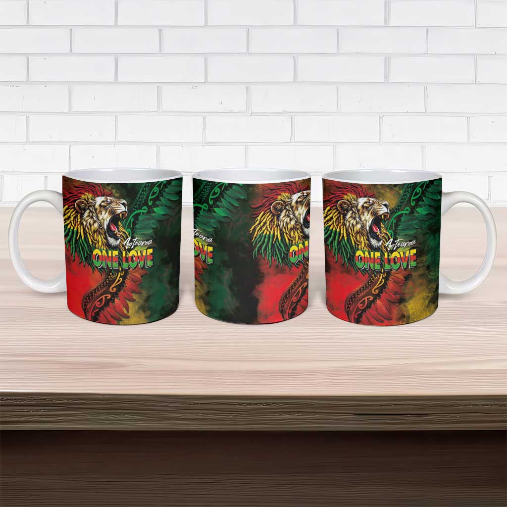 Aotearoa One Love Ceramic Mug Reggae Lion with Kakahu Huruhuru