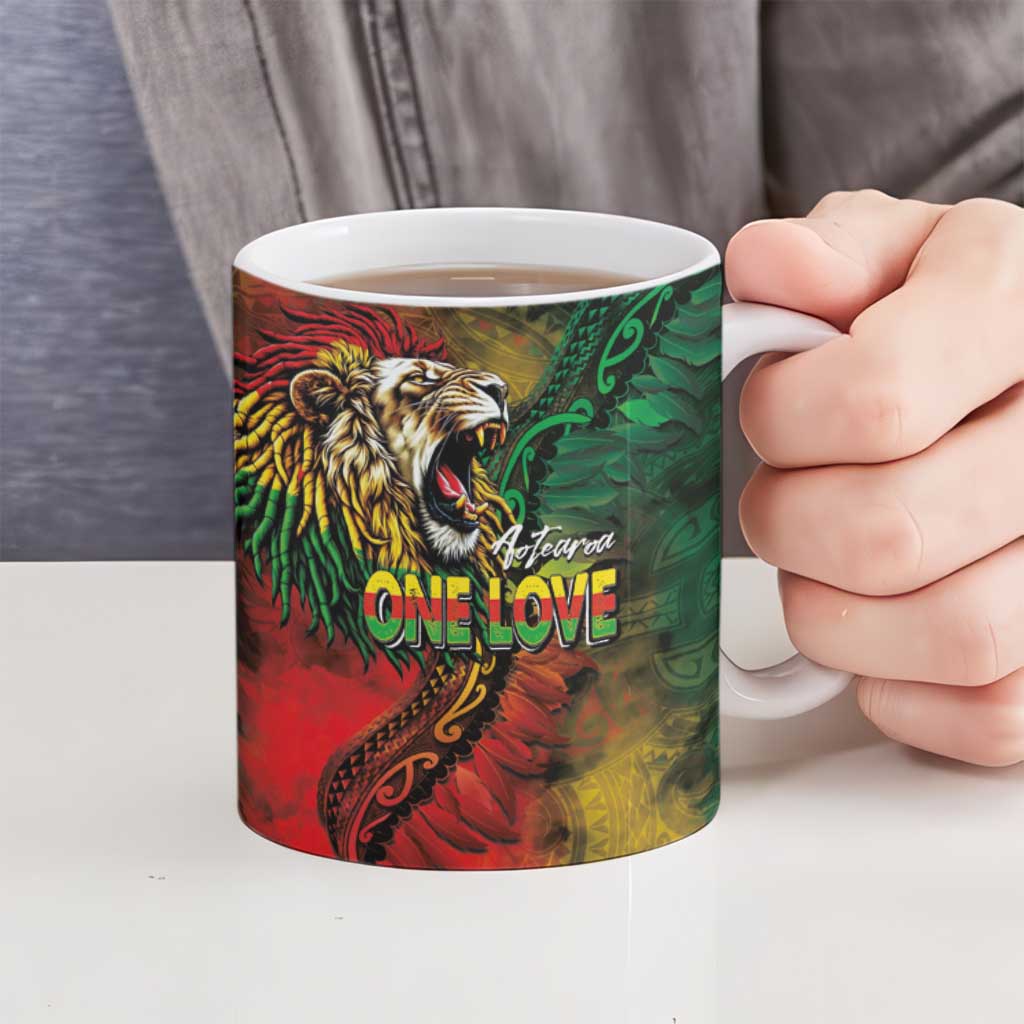 Aotearoa One Love Ceramic Mug Reggae Lion with Kakahu Huruhuru