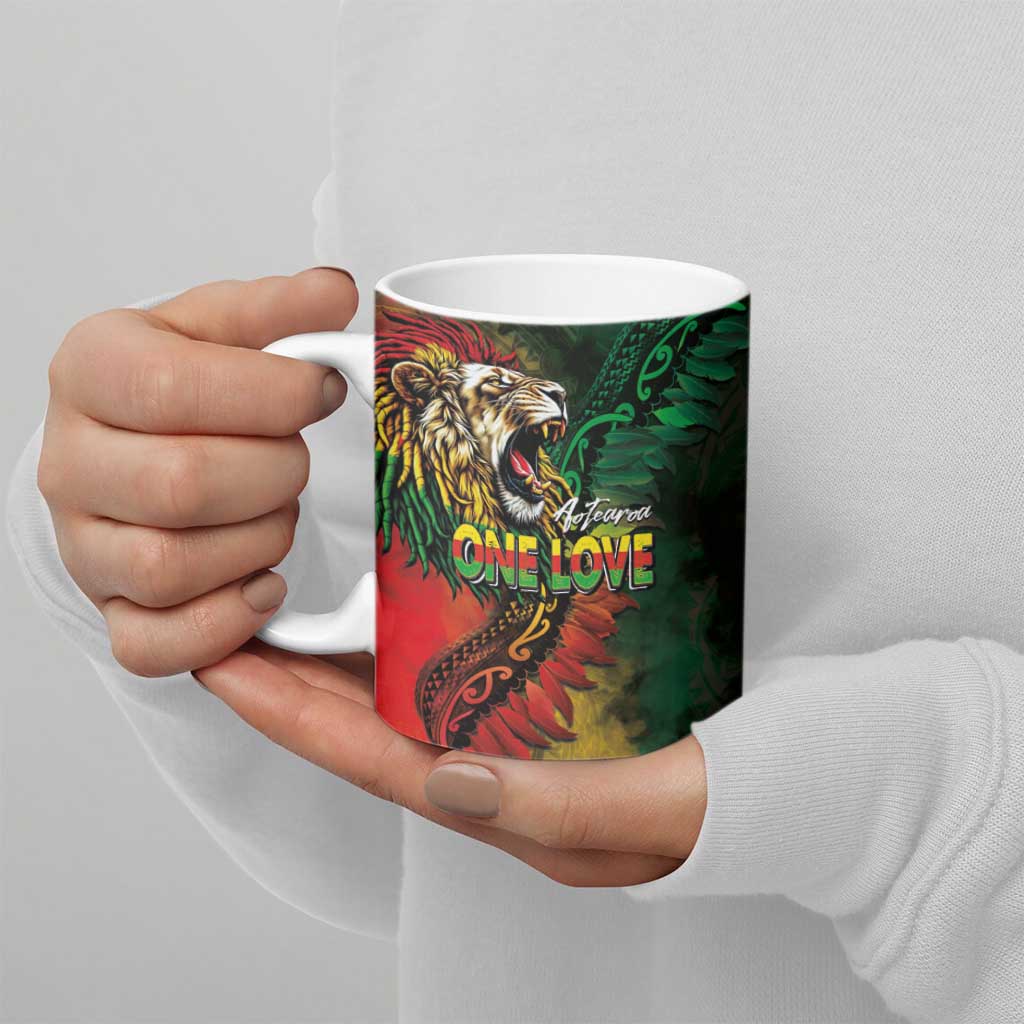 Aotearoa One Love Ceramic Mug Reggae Lion with Kakahu Huruhuru