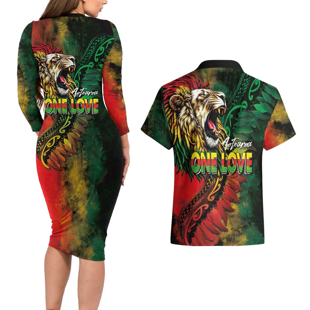 Aotearoa One Love Couples Matching Long Sleeve Bodycon Dress and Hawaiian Shirt Reggae Lion with Kakahu Huruhuru