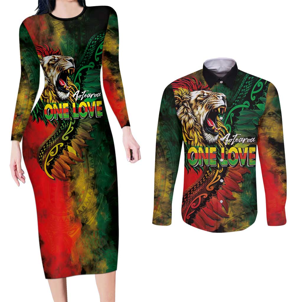 Aotearoa One Love Couples Matching Long Sleeve Bodycon Dress and Long Sleeve Button Shirt Reggae Lion with Kakahu Huruhuru LT03 Black - Polynesian Pride