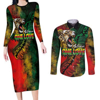 Aotearoa One Love Couples Matching Long Sleeve Bodycon Dress and Long Sleeve Button Shirt Reggae Lion with Kakahu Huruhuru LT03 Black - Polynesian Pride