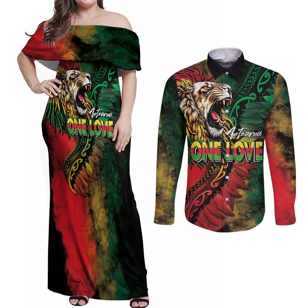 Aotearoa One Love Couples Matching Off Shoulder Maxi Dress and Long Sleeve Button Shirt Reggae Lion with Kakahu Huruhuru