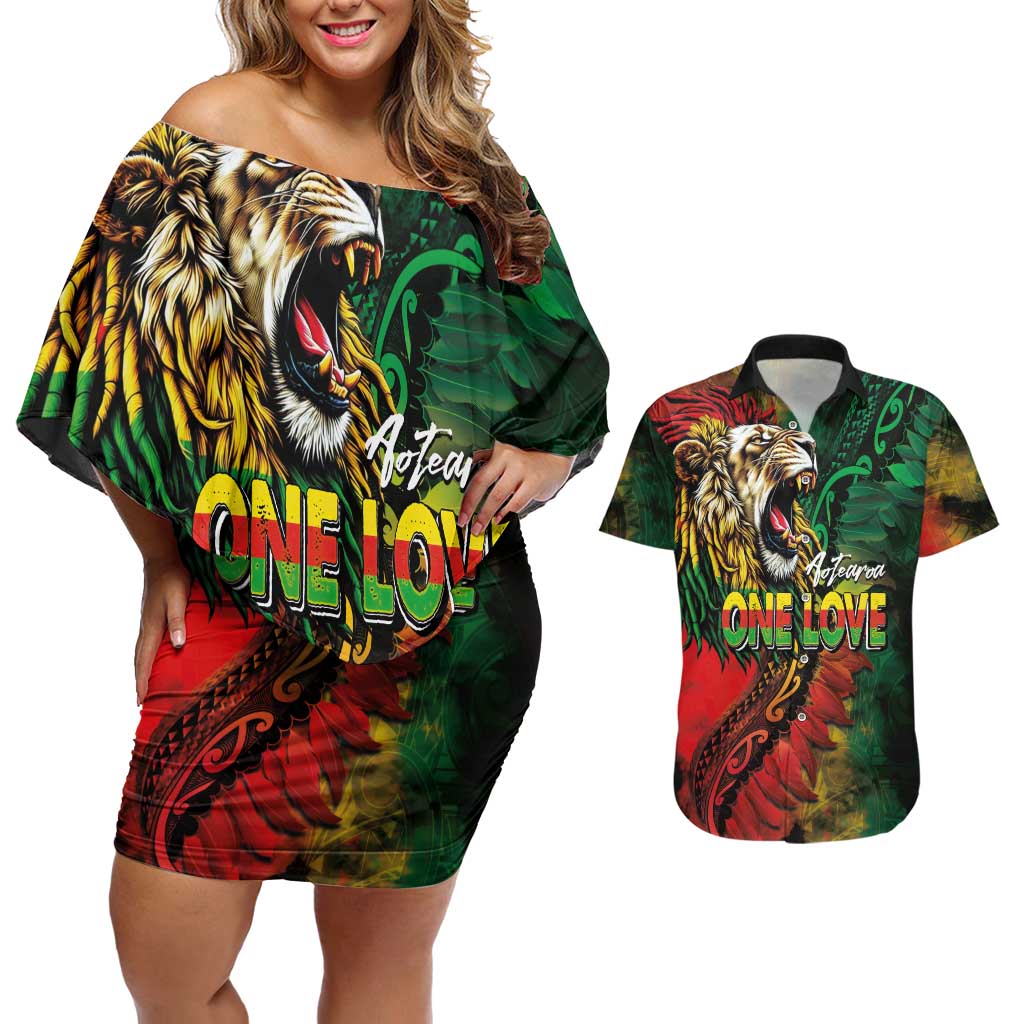 Aotearoa One Love Couples Matching Off Shoulder Short Dress and Hawaiian Shirt Reggae Lion with Kakahu Huruhuru LT03 Black - Polynesian Pride