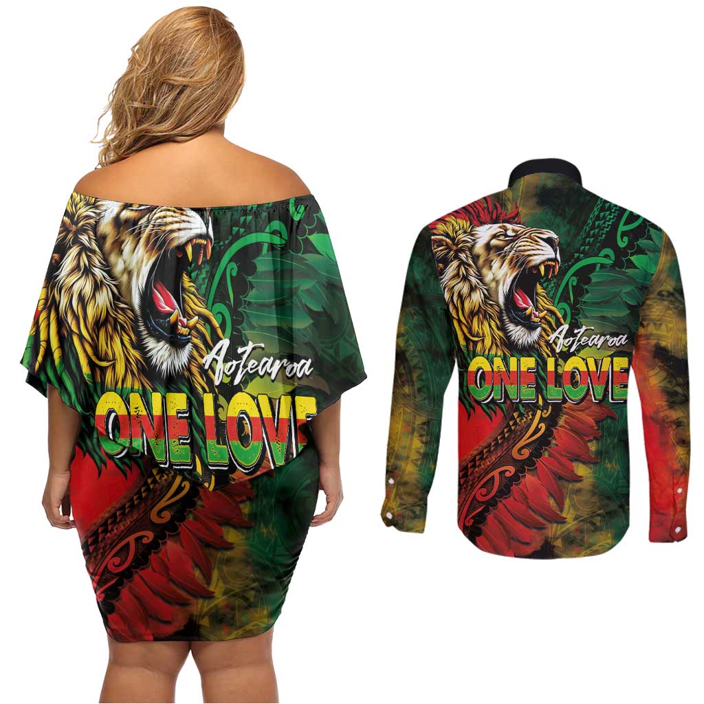 Aotearoa One Love Couples Matching Off Shoulder Short Dress and Long Sleeve Button Shirt Reggae Lion with Kakahu Huruhuru LT03 - Polynesian Pride