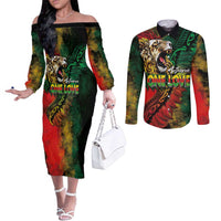 Aotearoa One Love Couples Matching Off The Shoulder Long Sleeve Dress and Long Sleeve Button Shirt Reggae Lion with Kakahu Huruhuru LT03 Black - Polynesian Pride