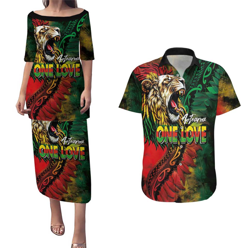 Aotearoa One Love Couples Matching Puletasi and Hawaiian Shirt Reggae Lion with Kakahu Huruhuru