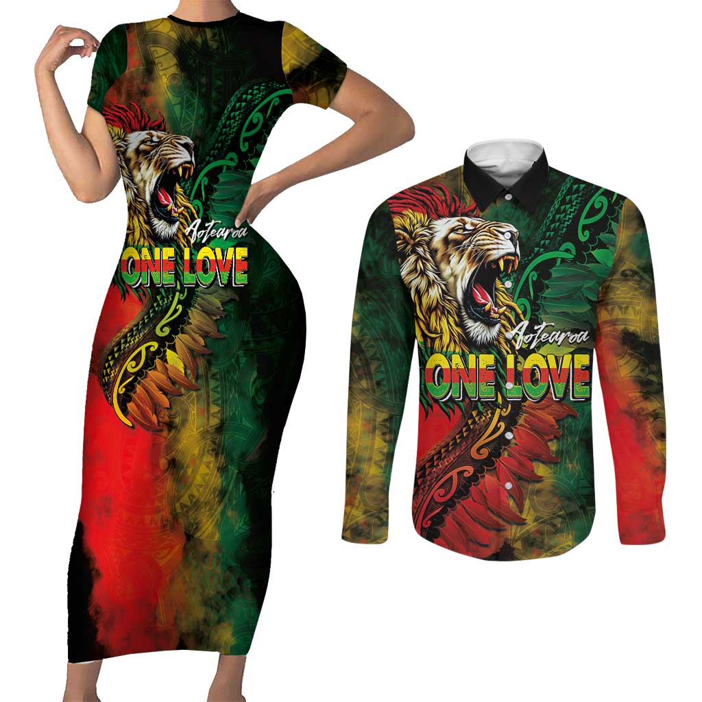 Aotearoa One Love Couples Matching Short Sleeve Bodycon Dress and Long Sleeve Button Shirt Reggae Lion with Kakahu Huruhuru LT03 Black - Polynesian Pride