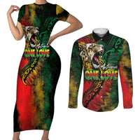 Aotearoa One Love Couples Matching Short Sleeve Bodycon Dress and Long Sleeve Button Shirt Reggae Lion with Kakahu Huruhuru LT03 Black - Polynesian Pride