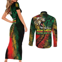Aotearoa One Love Couples Matching Short Sleeve Bodycon Dress and Long Sleeve Button Shirt Reggae Lion with Kakahu Huruhuru LT03 - Polynesian Pride