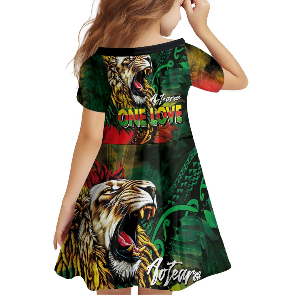 Aotearoa One Love Family Matching Long Sleeve Bodycon Dress and Hawaiian Shirt Reggae Lion with Kakahu Huruhuru LT03 - Polynesian Pride
