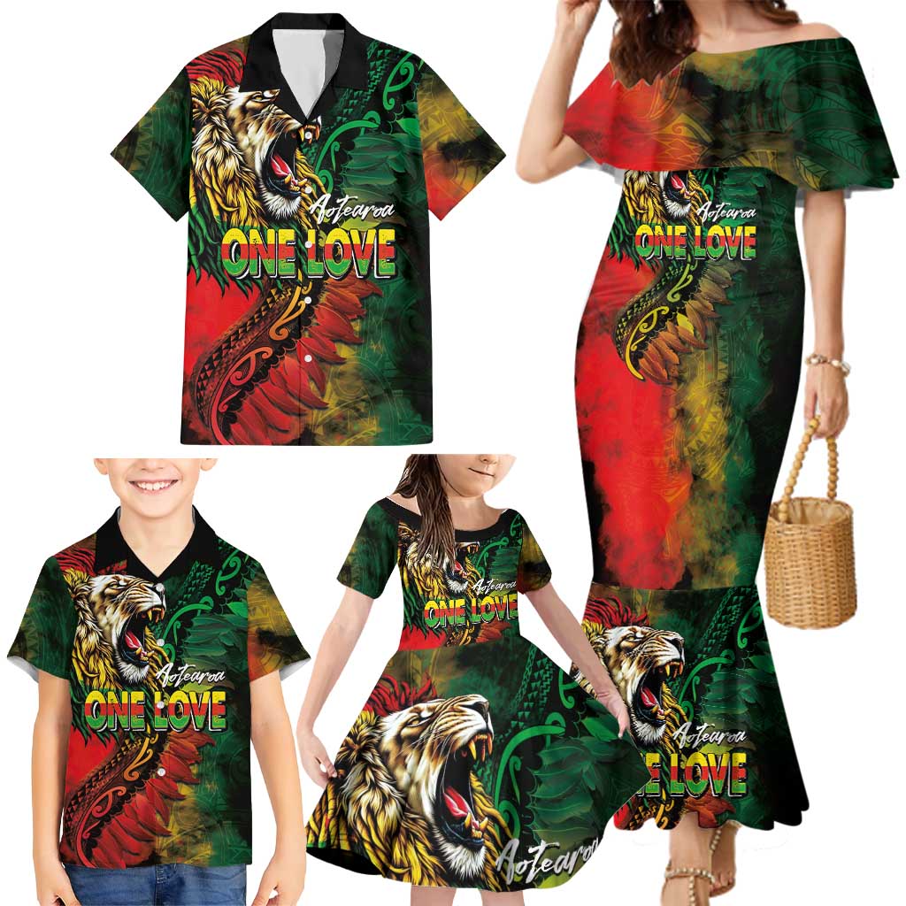 Aotearoa One Love Family Matching Mermaid Dress and Hawaiian Shirt Reggae Lion with Kakahu Huruhuru LT03 - Polynesian Pride