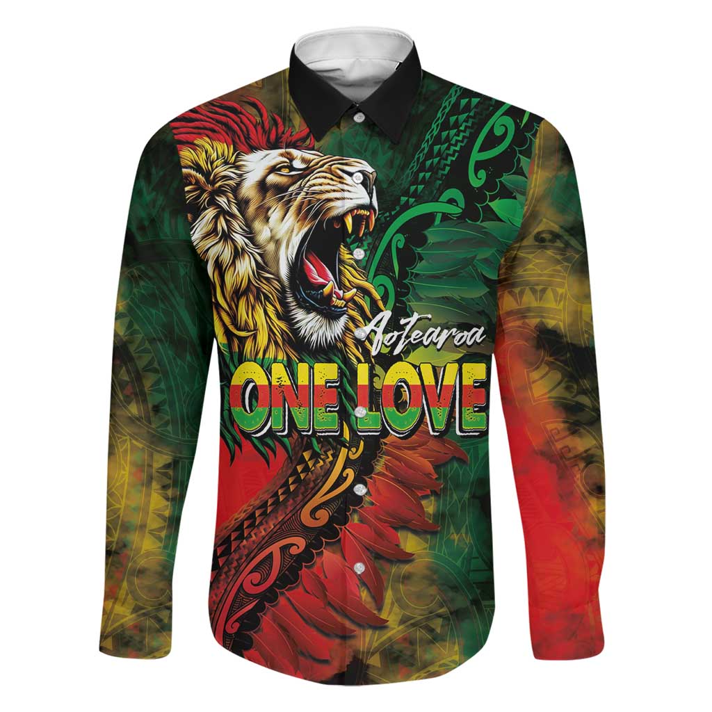 Aotearoa One Love Family Matching Mermaid Dress and Hawaiian Shirt Reggae Lion with Kakahu Huruhuru LT03 Dad's Shirt - Long Sleeve Black - Polynesian Pride