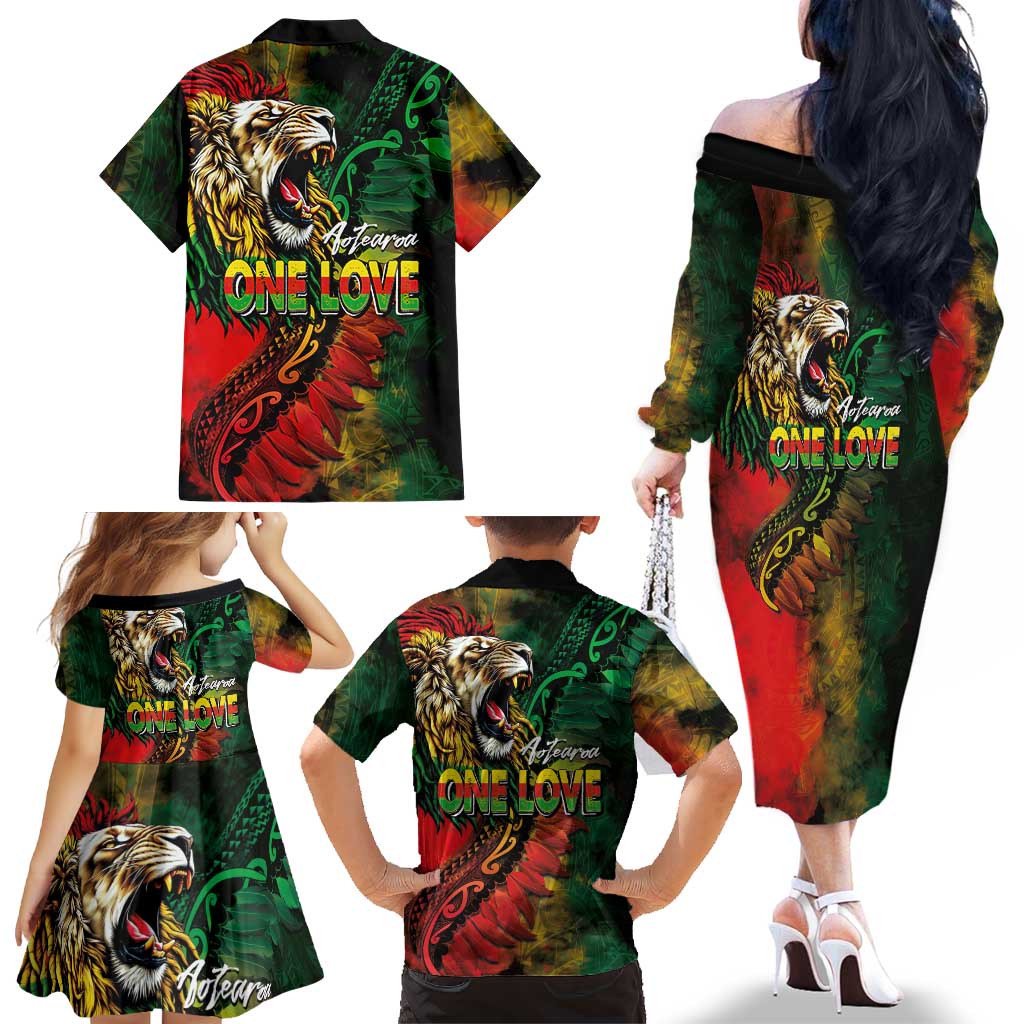 Aotearoa One Love Family Matching Off The Shoulder Long Sleeve Dress and Hawaiian Shirt Reggae Lion with Kakahu Huruhuru LT03 - Polynesian Pride