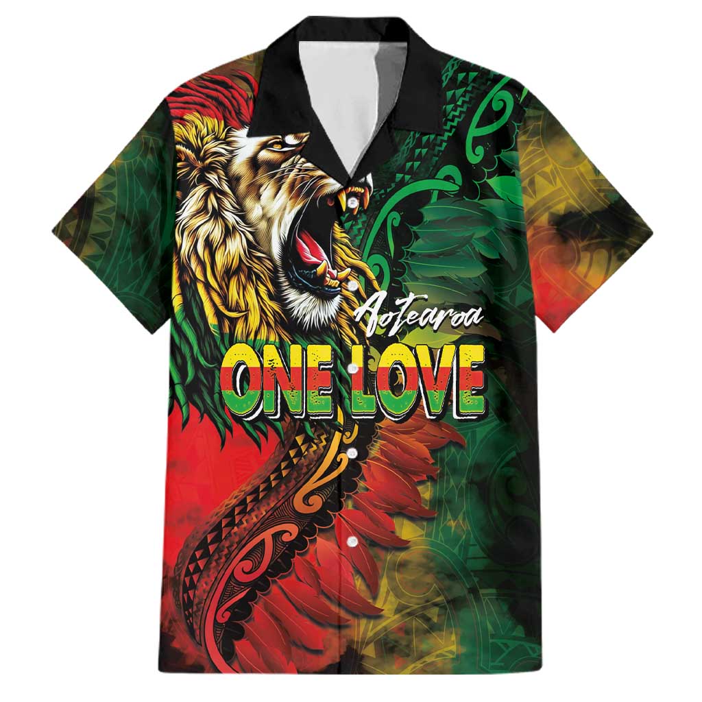 Aotearoa One Love Family Matching Off Shoulder Short Dress and Hawaiian Shirt Reggae Lion with Kakahu Huruhuru