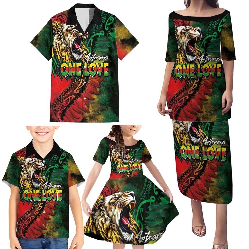 Aotearoa One Love Family Matching Puletasi and Hawaiian Shirt Reggae Lion with Kakahu Huruhuru