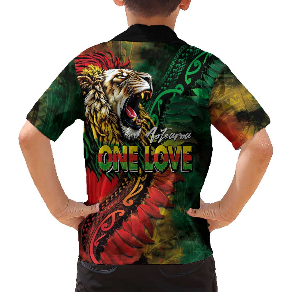 Aotearoa One Love Family Matching Short Sleeve Bodycon Dress and Hawaiian Shirt Reggae Lion with Kakahu Huruhuru LT03 - Polynesian Pride