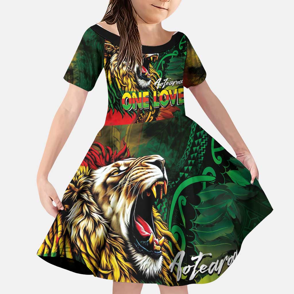 Aotearoa One Love Family Matching Summer Maxi Dress and Hawaiian Shirt Reggae Lion with Kakahu Huruhuru