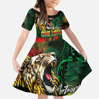 Aotearoa One Love Family Matching Summer Maxi Dress and Hawaiian Shirt Reggae Lion with Kakahu Huruhuru
