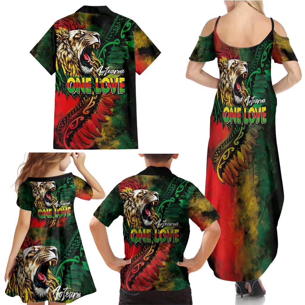 Aotearoa One Love Family Matching Summer Maxi Dress and Hawaiian Shirt Reggae Lion with Kakahu Huruhuru