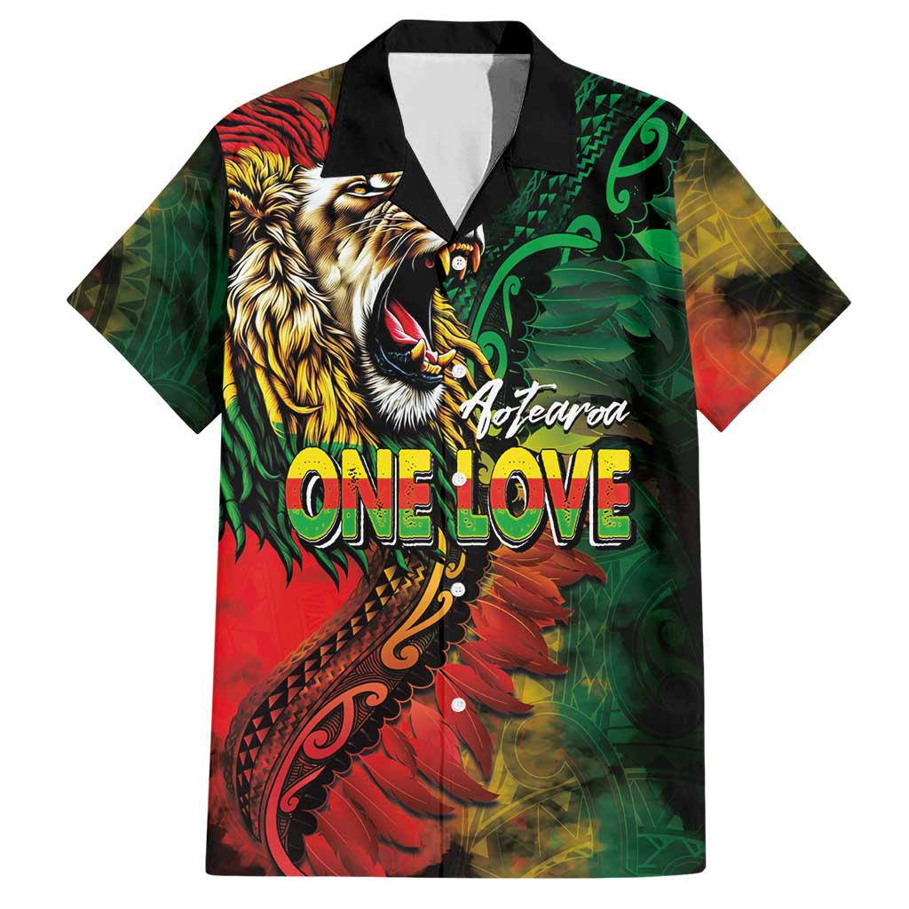 Aotearoa One Love Hawaiian Shirt Reggae Lion with Kakahu Huruhuru LT03 Black - Polynesian Pride