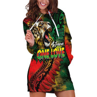 Aotearoa One Love Hoodie Dress Reggae Lion with Kakahu Huruhuru LT03 Black - Polynesian Pride