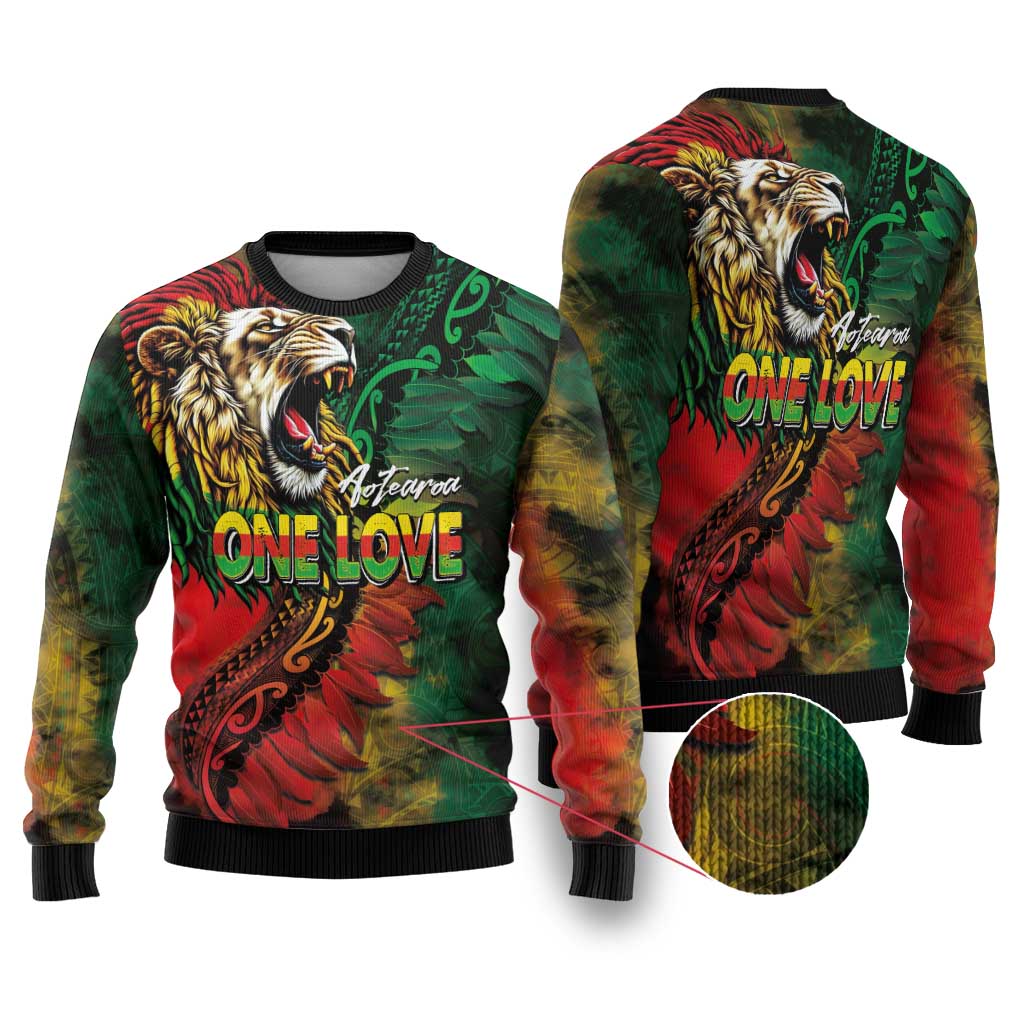 Aotearoa One Love Ugly Christmas Sweater Reggae Lion with Kakahu Huruhuru