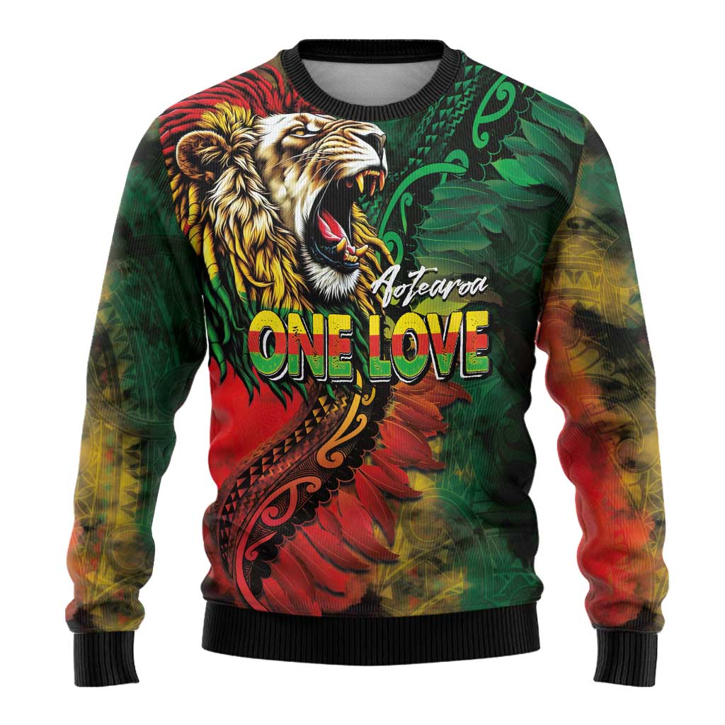 Aotearoa One Love Ugly Christmas Sweater Reggae Lion with Kakahu Huruhuru