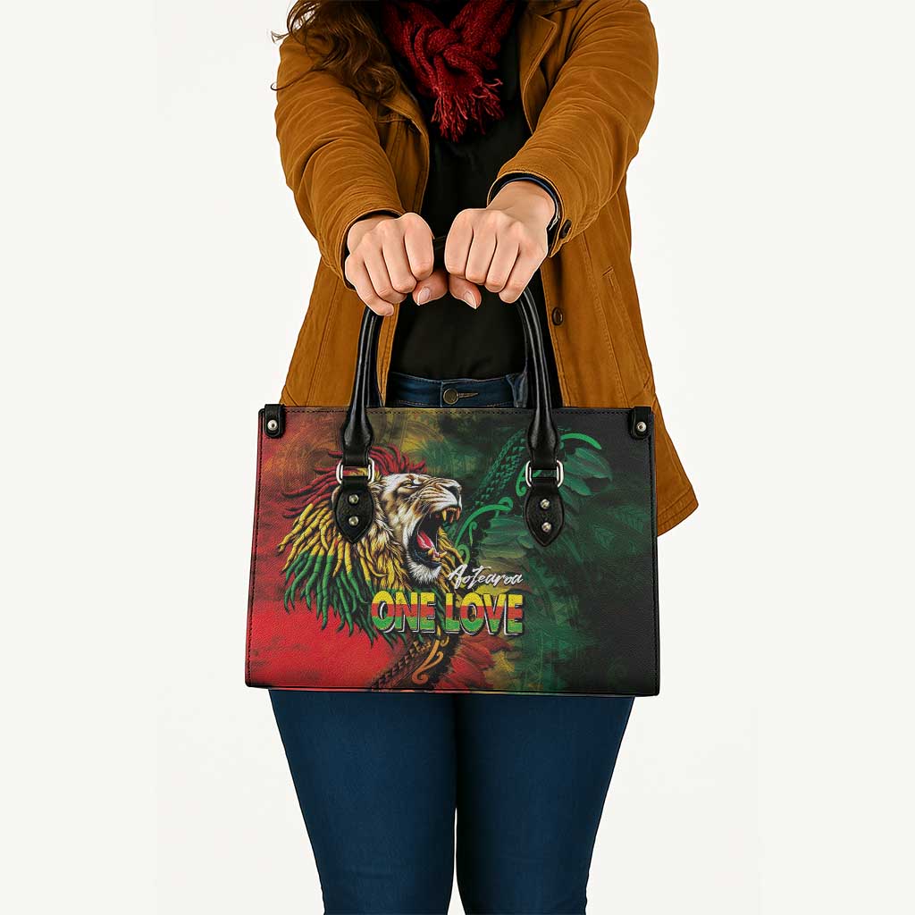 Aotearoa One Love Leather Bag Reggae Lion with Kakahu Huruhuru