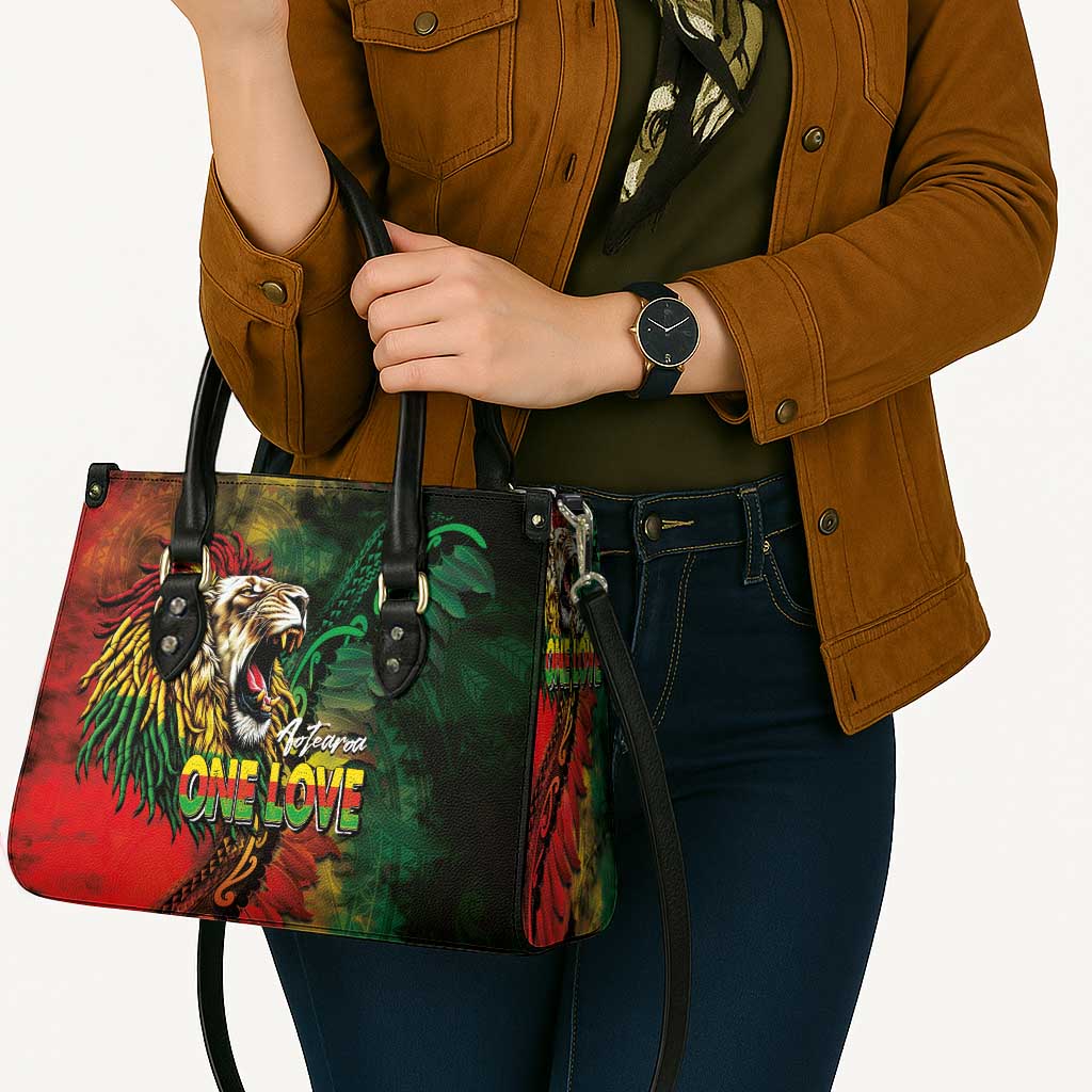 Aotearoa One Love Leather Bag Reggae Lion with Kakahu Huruhuru