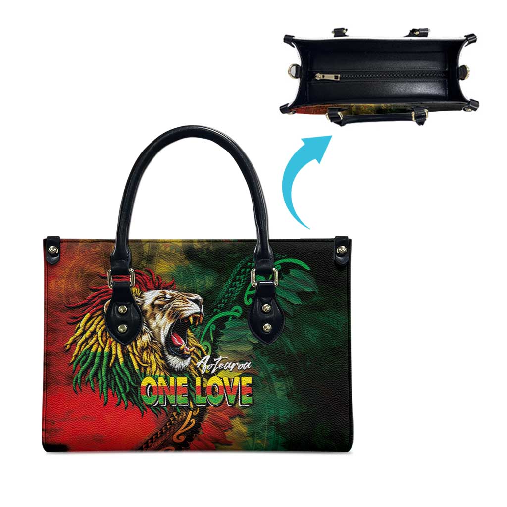 Aotearoa One Love Leather Bag Reggae Lion with Kakahu Huruhuru