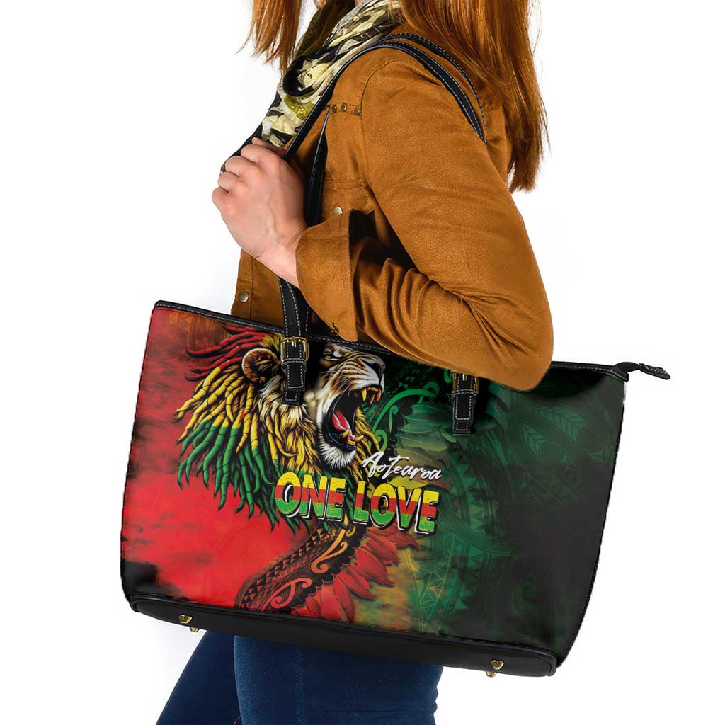 Aotearoa One Love Leather Tote Bag Reggae Lion with Kakahu Huruhuru