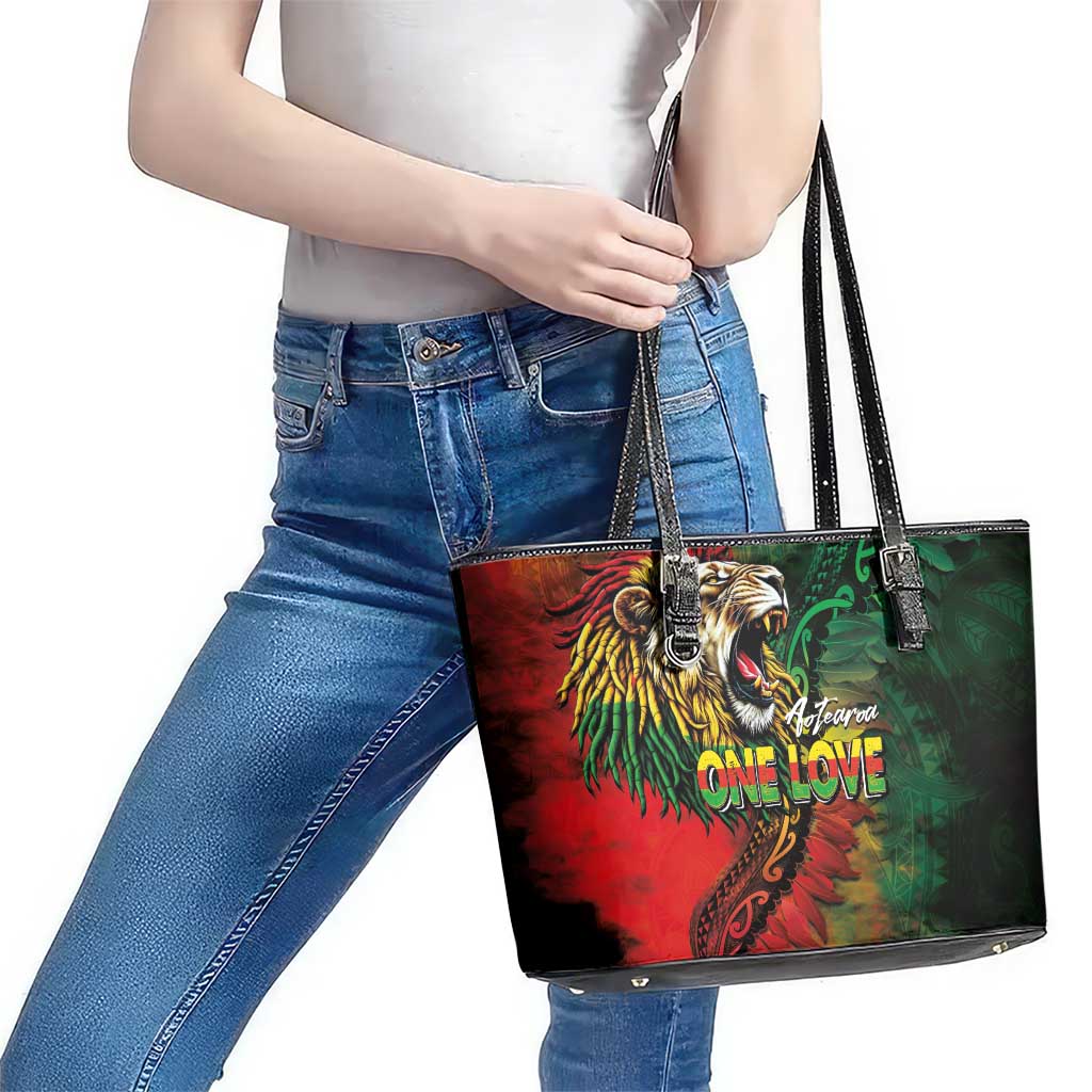Aotearoa One Love Leather Tote Bag Reggae Lion with Kakahu Huruhuru