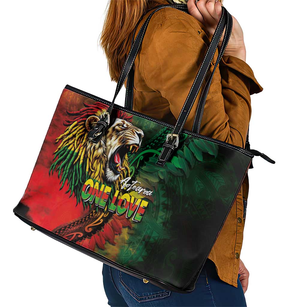 Aotearoa One Love Leather Tote Bag Reggae Lion with Kakahu Huruhuru
