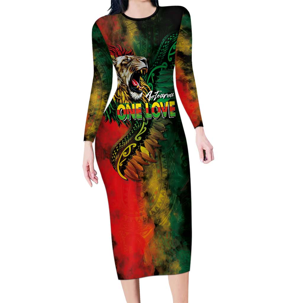 Aotearoa One Love Long Sleeve Bodycon Dress Reggae Lion with Kakahu Huruhuru LT03 Long Dress Black - Polynesian Pride