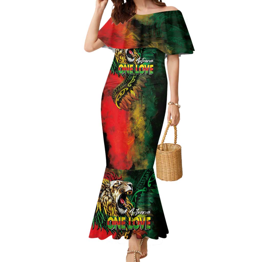 Aotearoa One Love Mermaid Dress Reggae Lion with Kakahu Huruhuru
