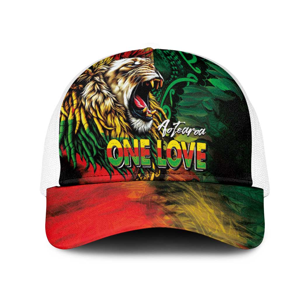 Aotearoa One Love Mesh Trucker Cap Reggae Lion with Kakahu Huruhuru
