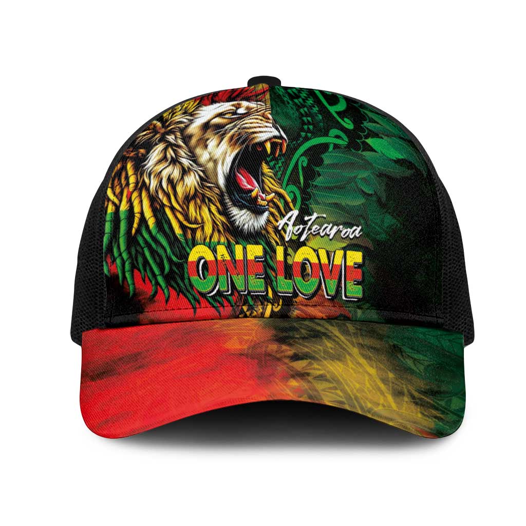 Aotearoa One Love Mesh Trucker Cap Reggae Lion with Kakahu Huruhuru