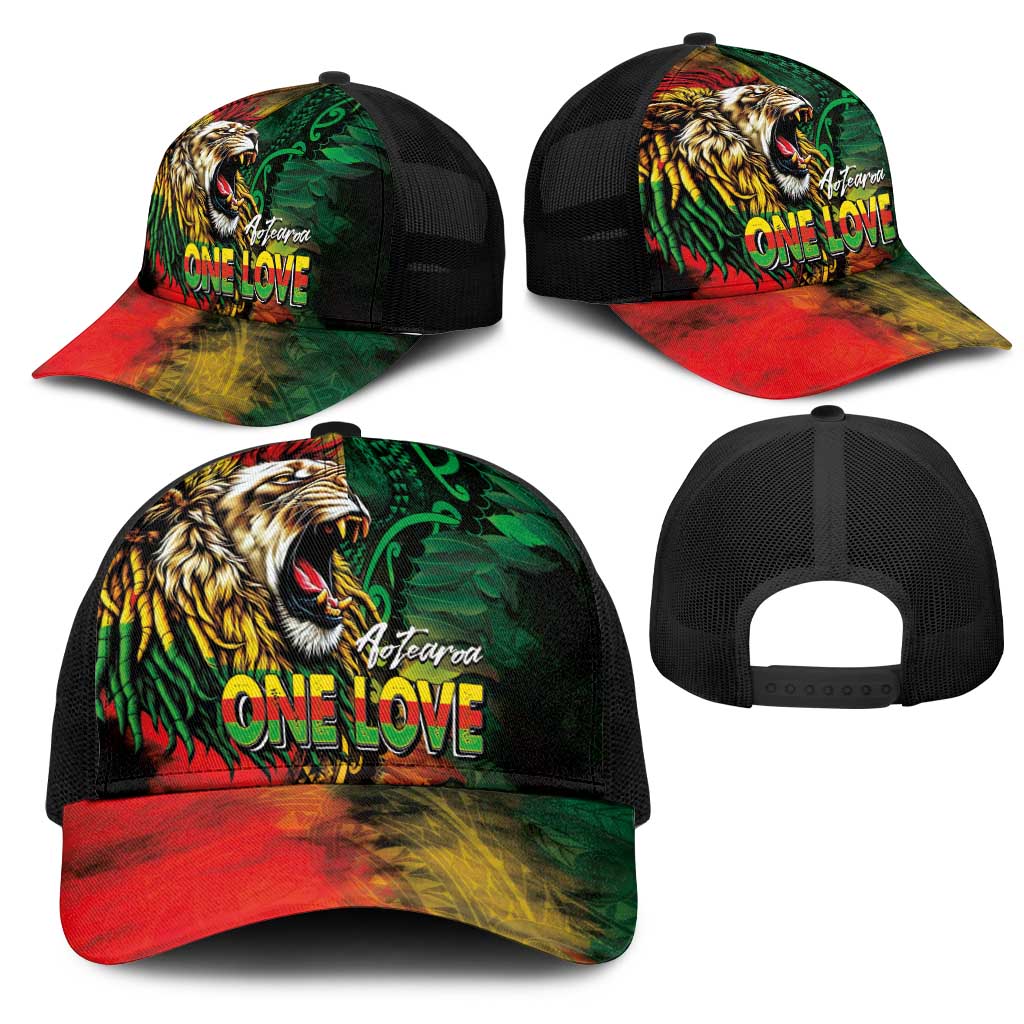 Aotearoa One Love Mesh Trucker Cap Reggae Lion with Kakahu Huruhuru