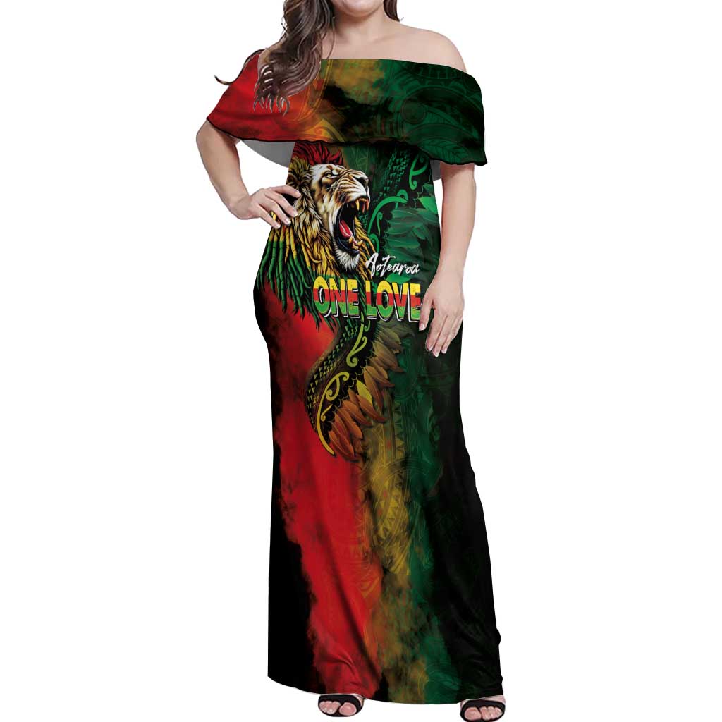 Aotearoa One Love Off Shoulder Maxi Dress Reggae Lion with Kakahu Huruhuru LT03 Women Black - Polynesian Pride