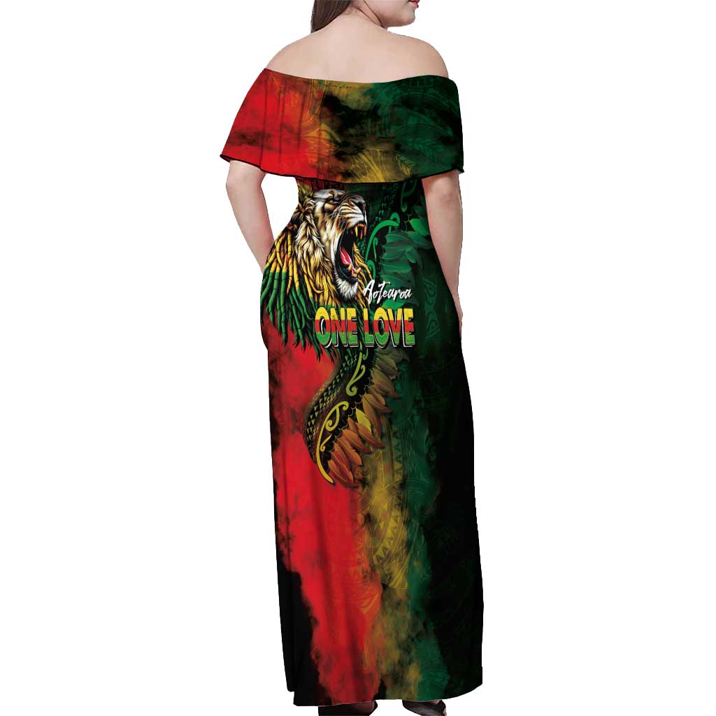 Aotearoa One Love Off Shoulder Maxi Dress Reggae Lion with Kakahu Huruhuru LT03 - Polynesian Pride