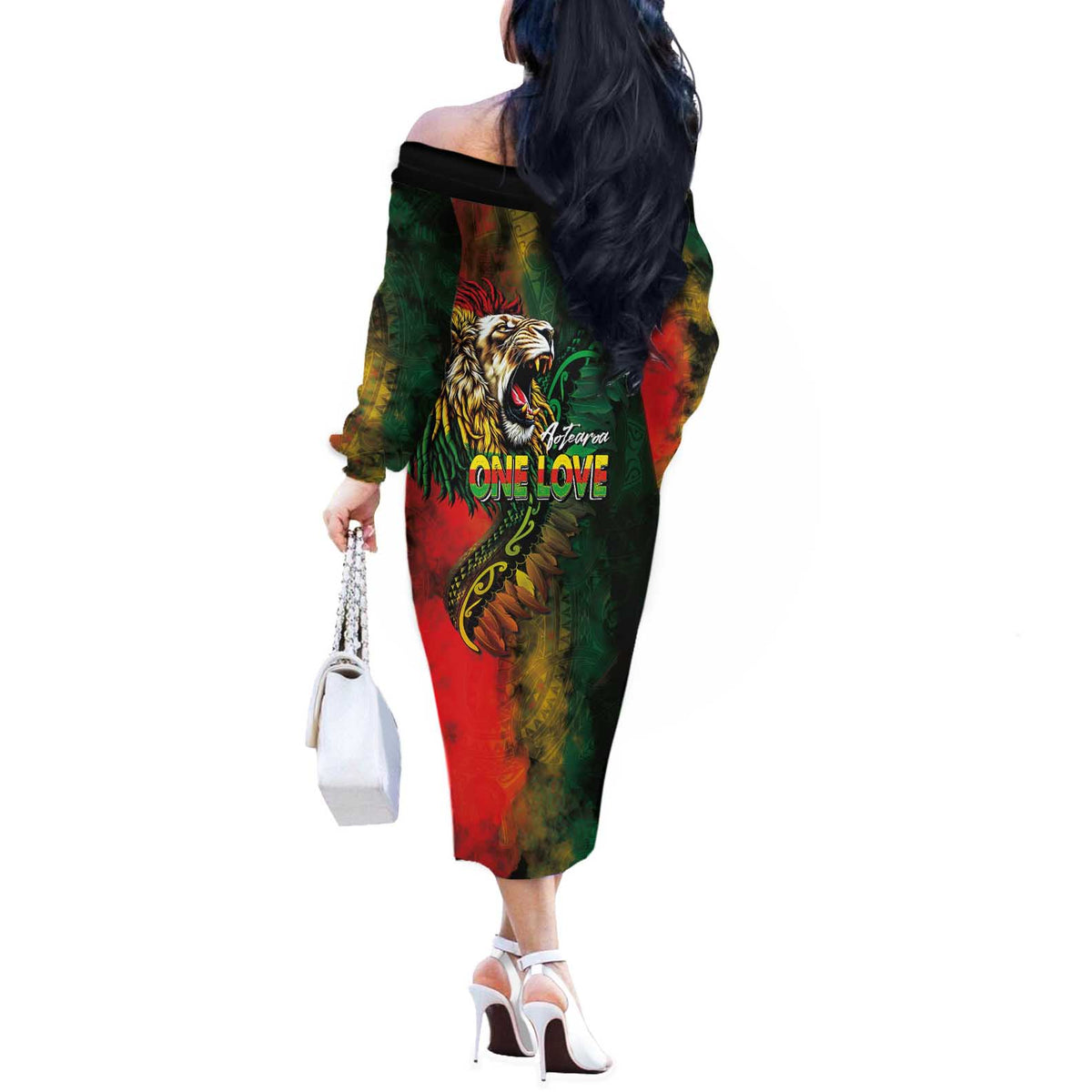 Aotearoa One Love Off The Shoulder Long Sleeve Dress Reggae Lion with Kakahu Huruhuru LT03 - Polynesian Pride