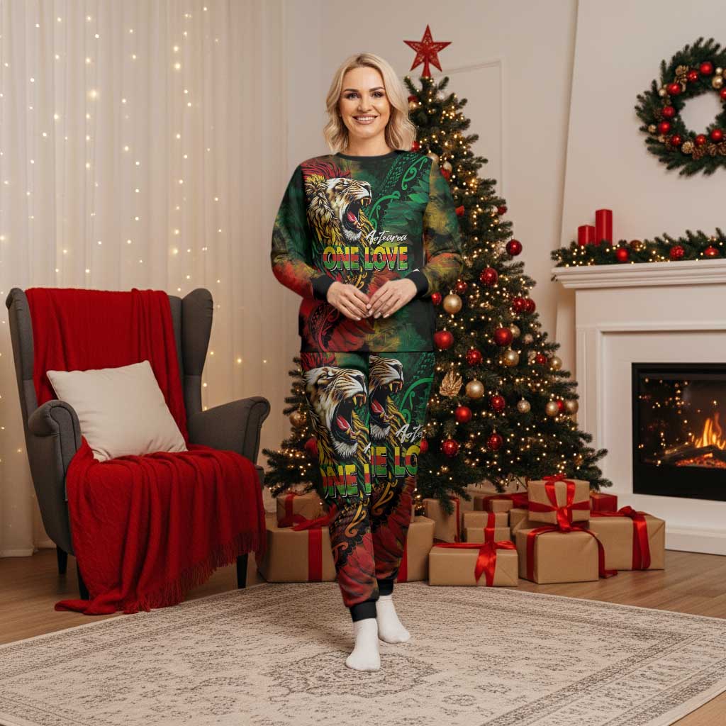 Aotearoa One Love Christmas Pajama Set Reggae Lion with Kakahu Huruhuru